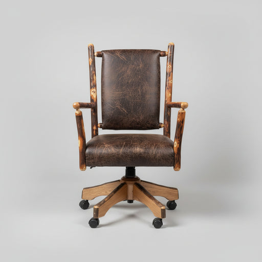 Amish Hickory Log Leather Upholstered Desk Chair with Gas Lift Base Bylers Rustic Furniture 