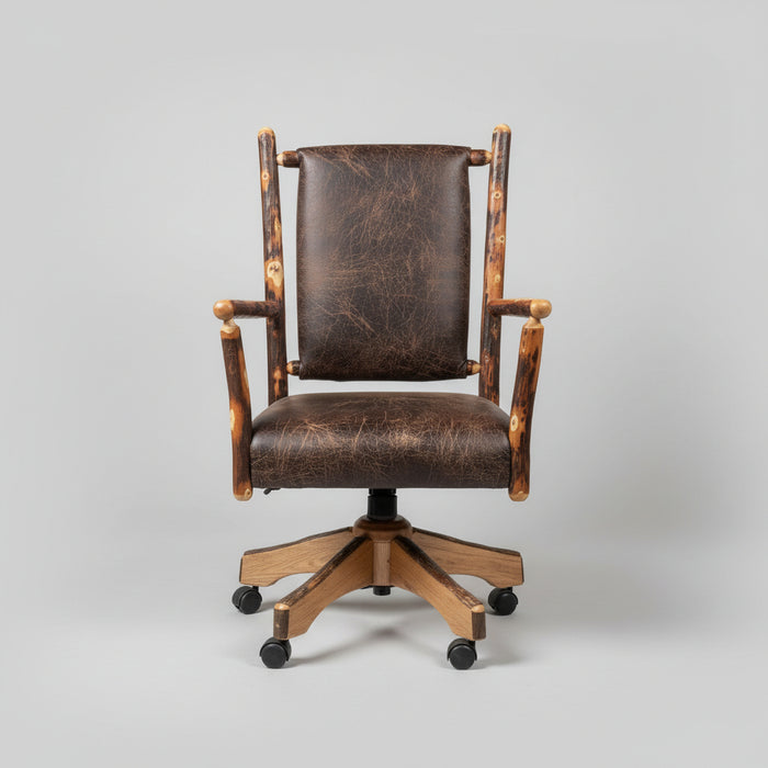 Amish Hickory Log Leather Upholstered Desk Chair with Gas Lift Base Bylers Rustic Furniture 