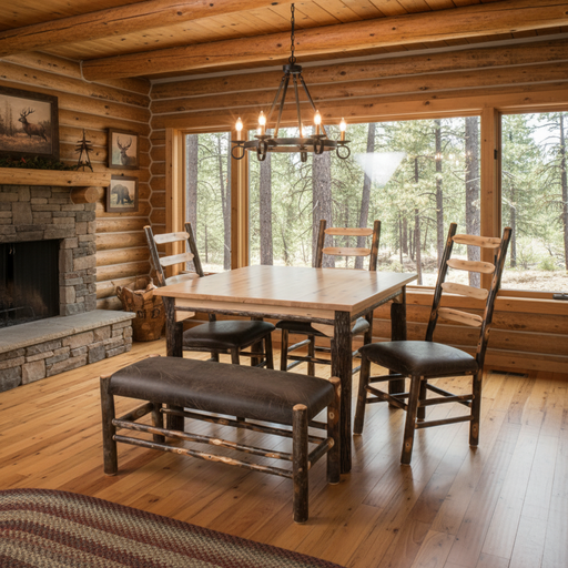 Amish Hickory Log Live Edge Ladder Back Dining Chair with Hickory Log Legged Table and Upholstered Dining Bench