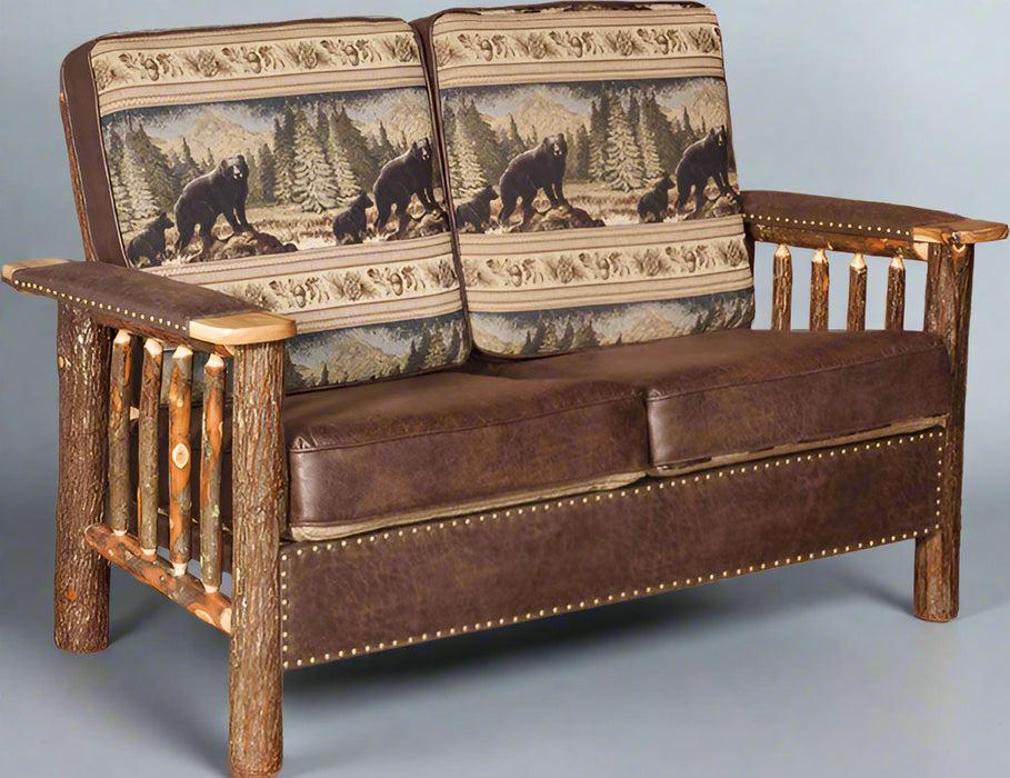 Hickory Log Loveseat with Padded Arms Amish Built Log Cabin Living Room Furniture Front Facing