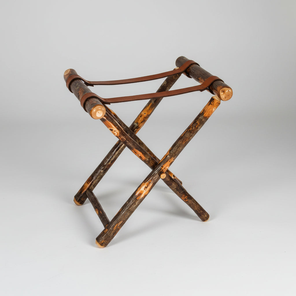 Amish Hickory Log Luggage Rack Folding with Strap Cabin Lodge Luggage Holder