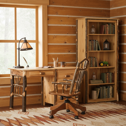 Amish Hickory Log Office Set with Student Desk, Desk Chair and Bookcase
