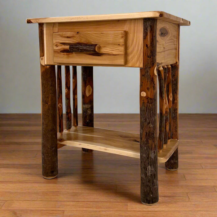 Cabin Log Nightstand Amish Built Solid Rustic Hickory Log Bedroom Nightstand Front facing