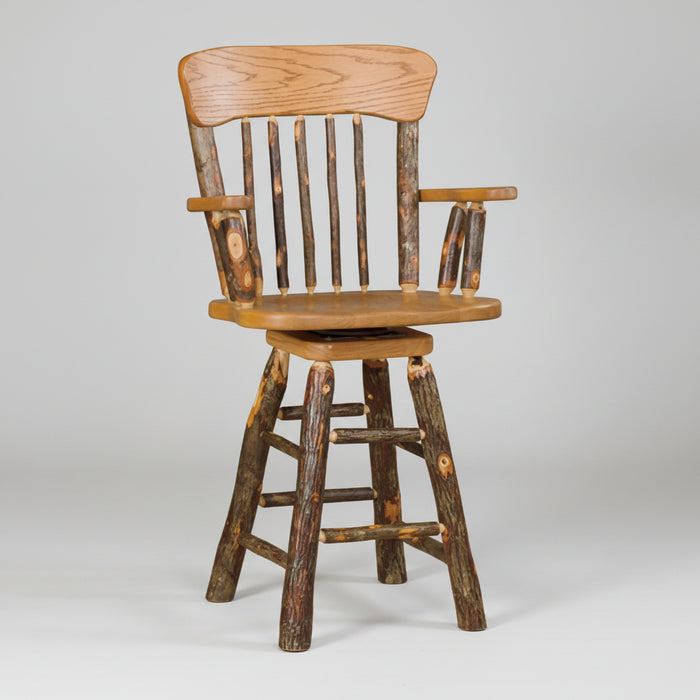 Amish Hickory Log Panel Back Armed Barstool Bar Chair