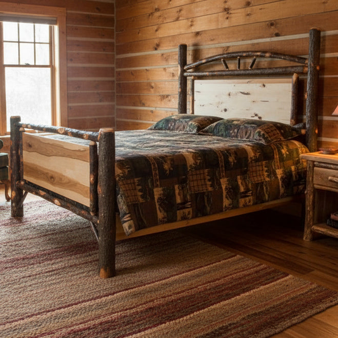Panel Log Bed Amish Built Natural Rustic Hickory Log Bed Front Facing