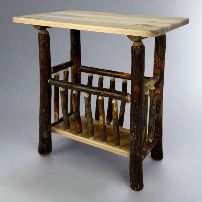 Hickory Log Magazine End Table Rectangle Top Amish Built Cabin Style End Table Front Facing