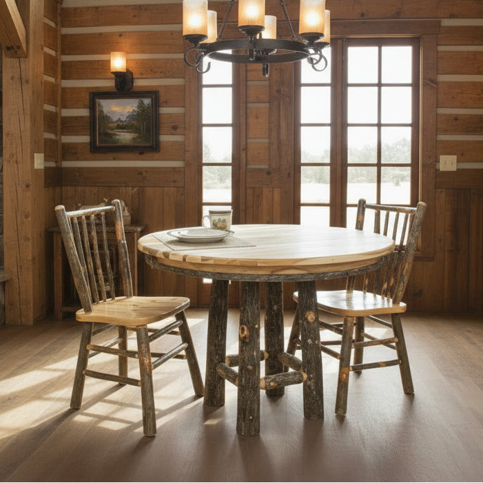Round wooden table with two matching chairs in a rustic setting.