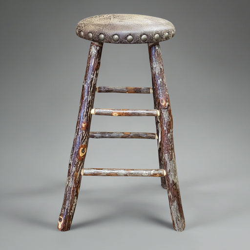 Hickory Log Round Bar Stool with Upholstered Seat Amish Built Front Facing