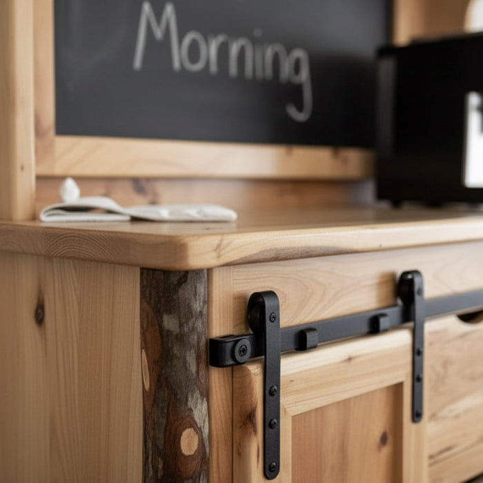Wooden cabinet with a chalkboard sign reading 'Morning' and a coffee maker.