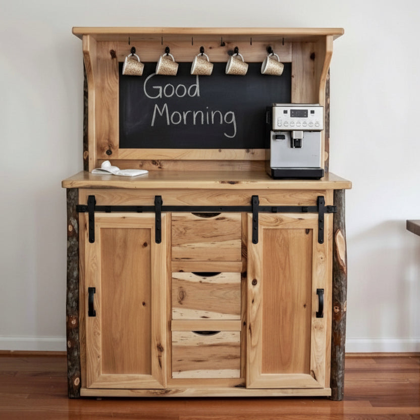 Amish Hickory Log Sliding Barn Door Coffee Bar Hutch