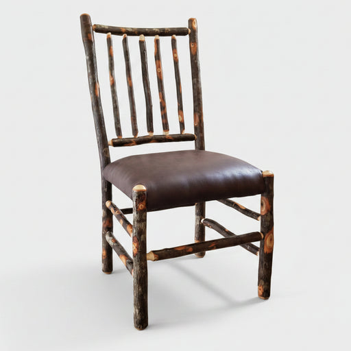 Hickory Log Stick Back Chair with Fabric Seat Amish Built Log Cabin Dining Chair Front Facing