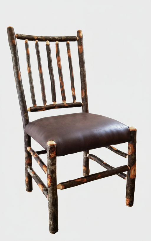 Hickory Log Stick Back Chair with Fabric Seat Amish Built Log Cabin Dining Chair Front Facing