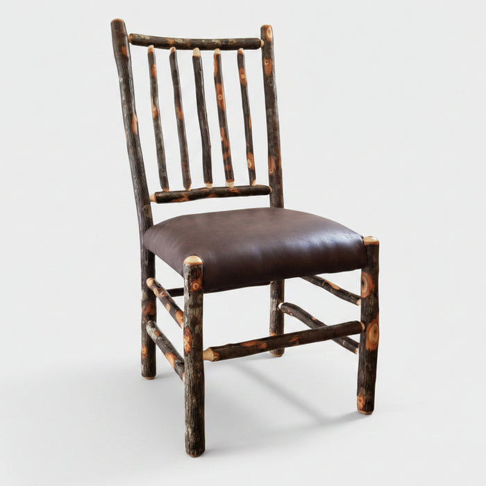 Hickory Log Stick Back Chair with Fabric Seat Amish Built Log Cabin Dining Chair Front Facing