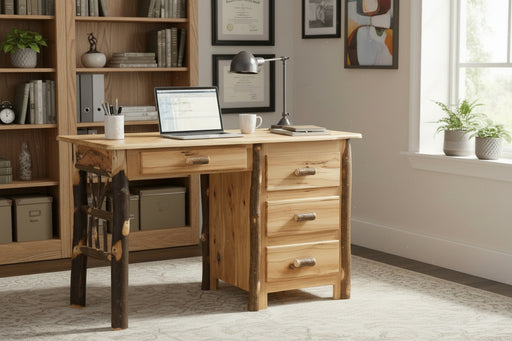 Amish Hickory Log Student Desk
B-402 • 48x22x31
4 Full Extension Drawer
Rustic Hickory - Natural Stain