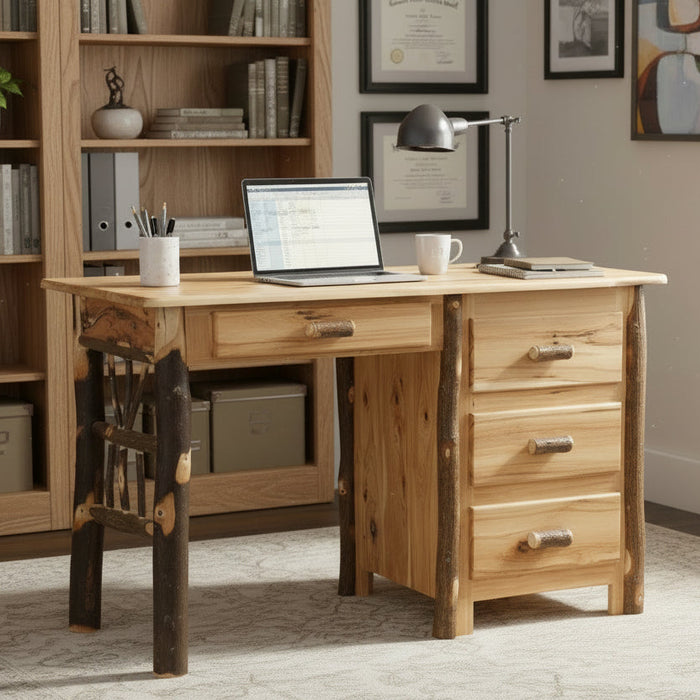 Amish Hickory Log Student Desk
B-402 • 48x22x31
4 Full Extension Drawer
Rustic Hickory - Natural Stain
