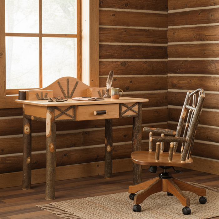 Amish Hickory Log Sunburst Writing Desk and Wagon Wheeling Desk Chair