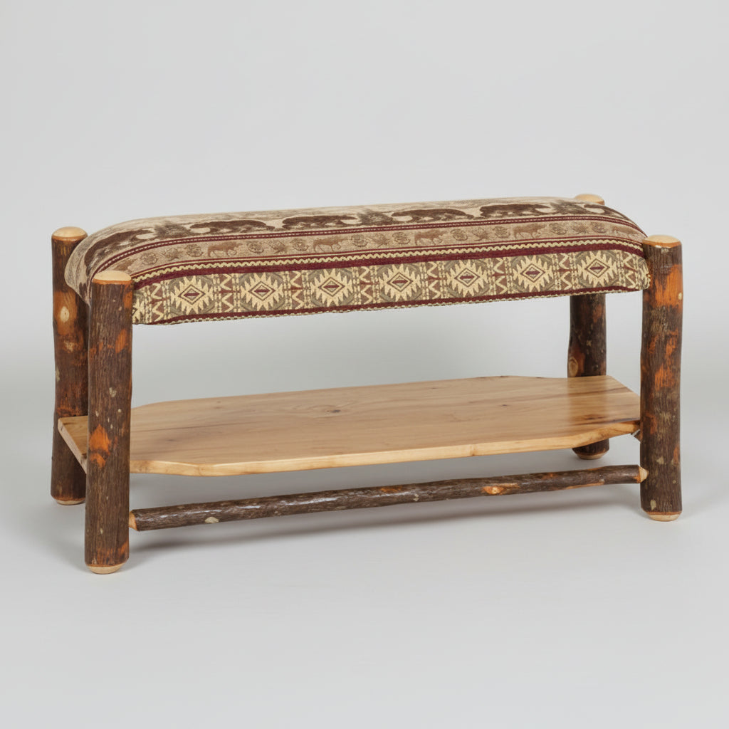 Amish Hickory Log Upholstered Seat Bench with Shelf Cabin Style Entry Bench with Shoe Shelf