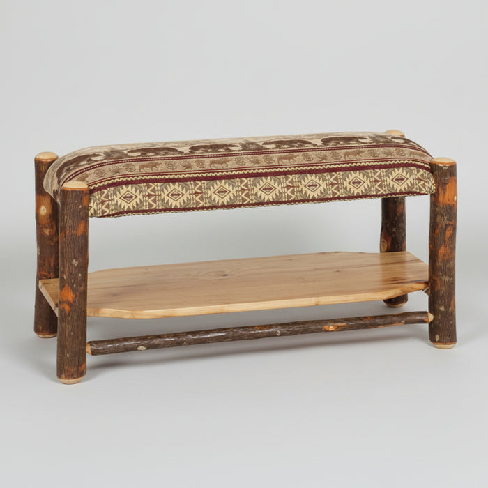 Amish Hickory Log Upholstered Seat Bench with Shelf Cabin Style Entry Bench with Shoe Shelf