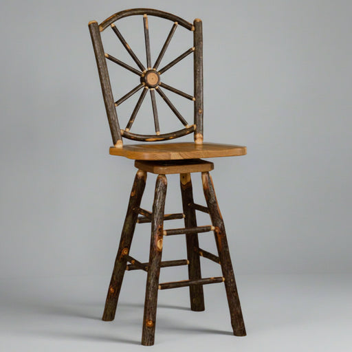 Hickory Log Wagon Wheel Barstool Amish Built Log Cabin Bar Chair Front Facing