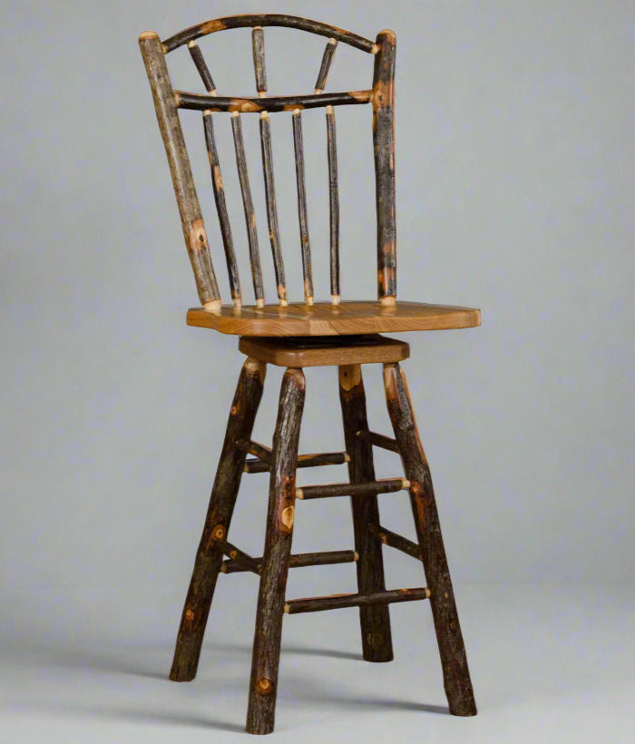 Hickory Log Wagon Wheel Barstool Amish Built Log Cabin Bar Chair Front Facing