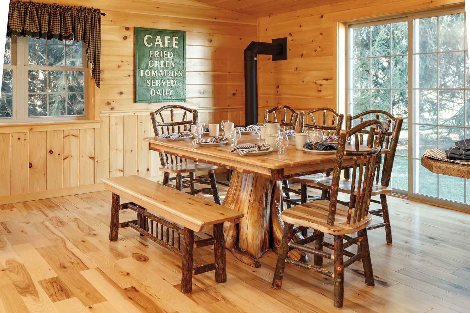 Amish Hickory Stump Dining Set with Hickory Log Wagon Wheel Dining Chairs Bylers Rustic Furniture