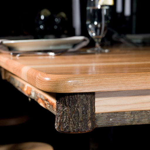 Amish Hickory Log Table Edge Close Up Photo Front Facing