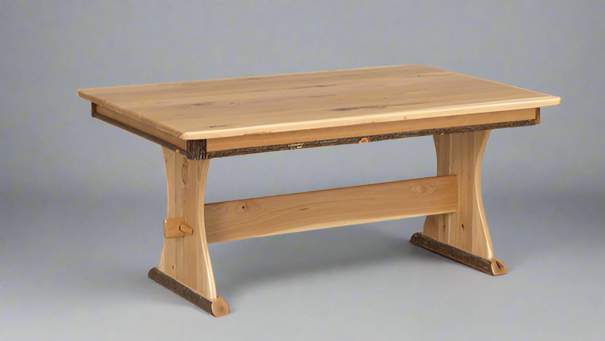 Amish Hickory Trestle Base Dining Table Log Cabin Hickory Log Accents Bylers Rustics