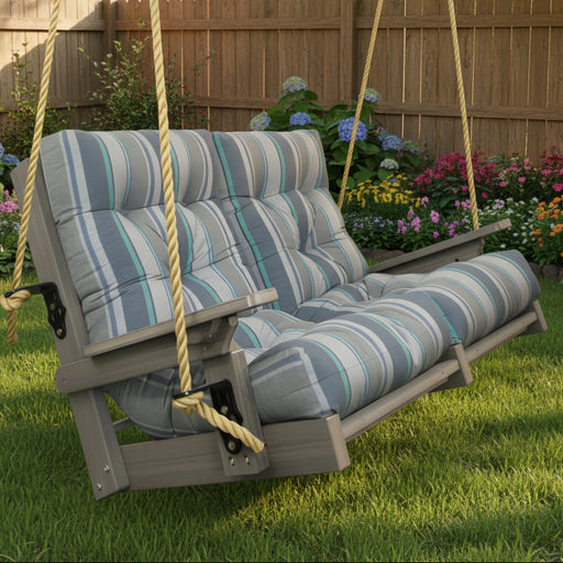 Amish High Back Loveseat Rope Swing - Trusted Coast Sunbrella Fabric - Coastal Gray Tangent Poly - Main Photo With Background