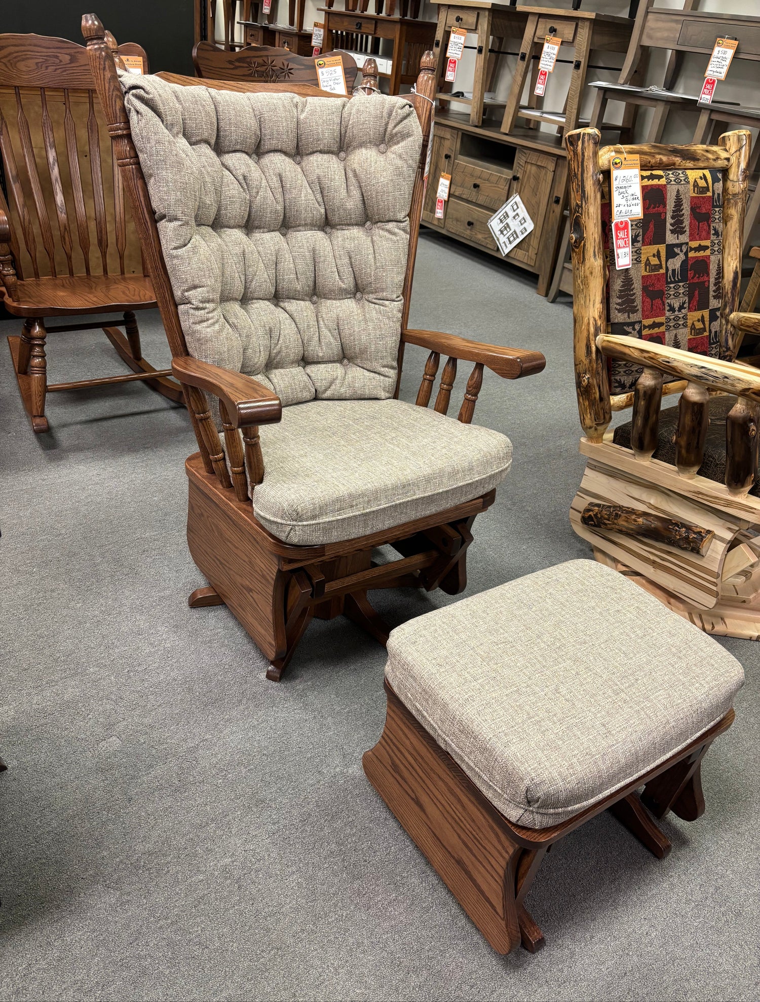 Amish Highback Swivel Glider With Matching Ottoman - In Stock - Solid Oak Amish Swivel Glider
