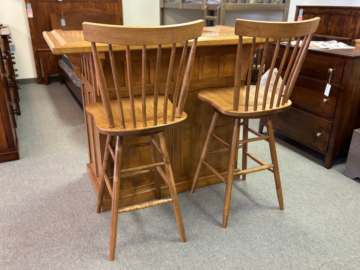 Amish Home Bar - 56" Mission - Solid Brown Maple - Millcreek Swivel Bar Stools
