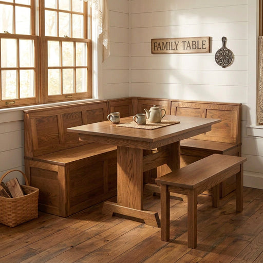 A rustic L-shaped wooden corner booth set with a matching rectangular table and bench, shown on a solid white background.