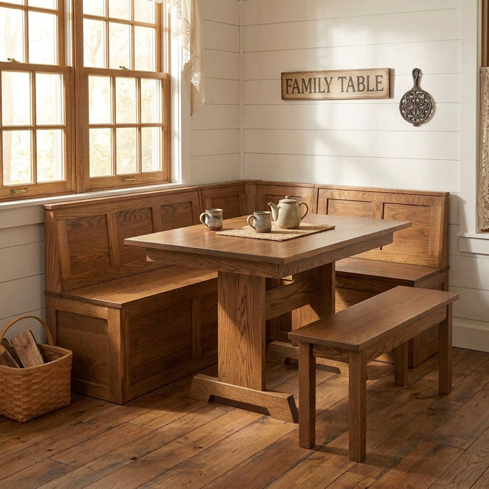A rustic L-shaped wooden corner booth set with a matching rectangular table and bench, shown on a solid white background.