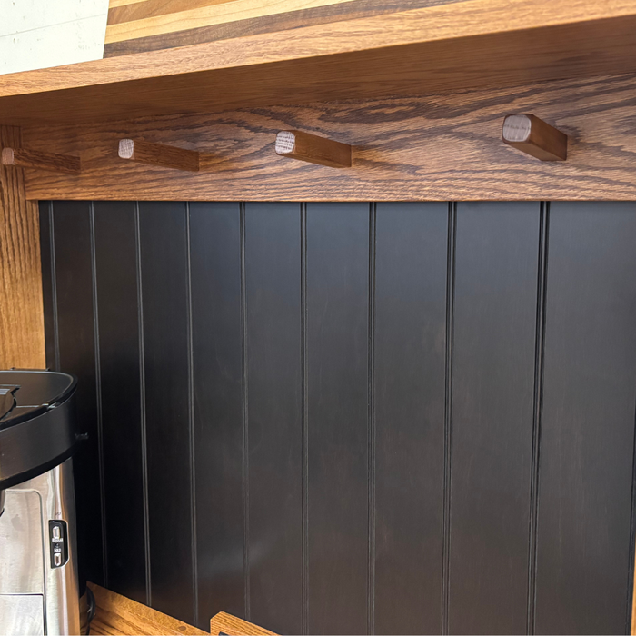 Amish Homestead Coffee Bar - Solid Quarter Sawn White Oak - Barn Doors - Tongue and Groove Back - Integrated Outlet - Plenty of Storage - Coffee Hook Detail