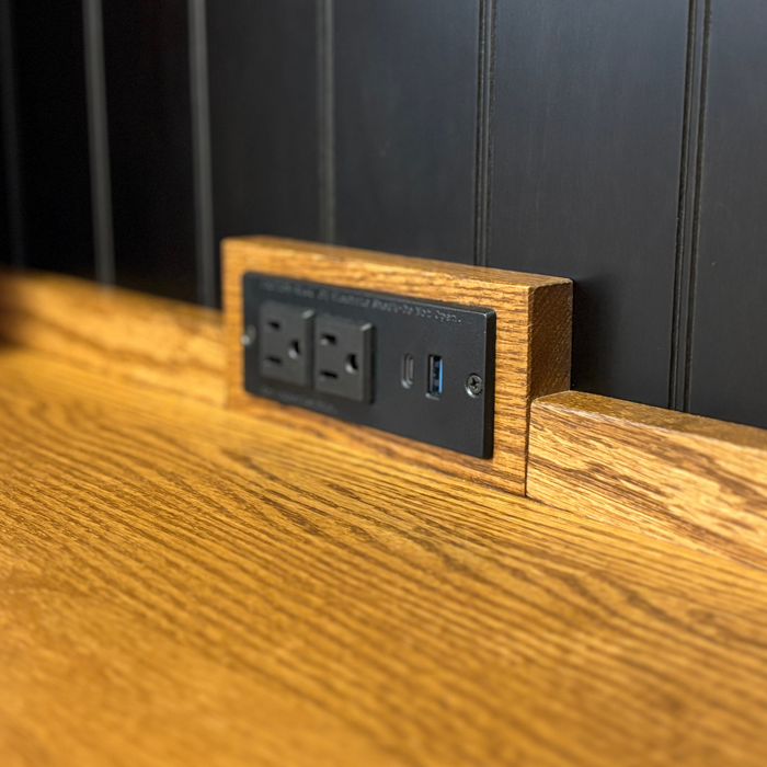 Amish Homestead Coffee Bar - Solid Quarter Sawn White Oak - Barn Doors - Tongue and Groove Back - Integrated Outlet - Plenty of Storage - Outlet Detail