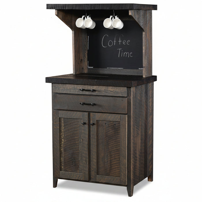 Amish Homestead Reclaimed Coffee Bar - Genuine Reclaimed Barnwood - Coffee Hutch With Outlet and Mug Hangers - K-Cup Holder - Pull-out Surface - Storage Underneath - Solid Wood - Blank Background
