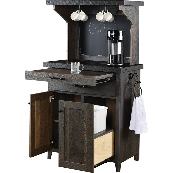 Amish Homestead Reclaimed Coffee Bar - Genuine Reclaimed Barnwood - Coffee Hutch With Outlet and Mug Hangers - K-Cup Holder - Pull-out Surface - Storage Underneath - Solid Wood - Drawers Open