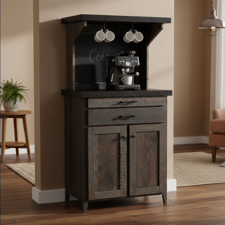Amish Homestead Reclaimed Coffee Bar - Genuine Reclaimed Barnwood - Coffee Hutch With Outlet and Mug Hangers - K-Cup Holder - Pull-out Surface - Storage Underneath - Solid Wood