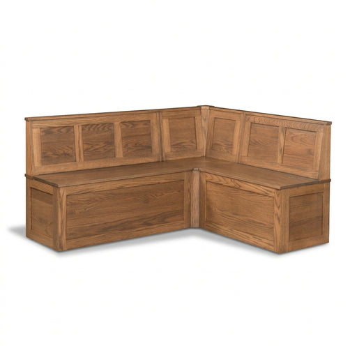 L-shaped wooden corner bench with built-in storage compartments and paneled backrests, shown on a plain white background.