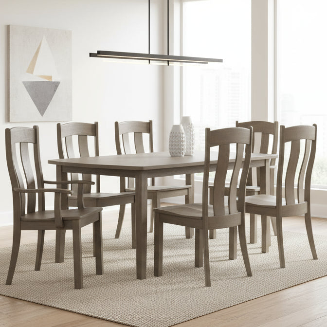 Amish Houston Dining Set - Curved Shaker Leg Table - Houston Dining Chairs Brown Maple - OCS-135 Driftwood
