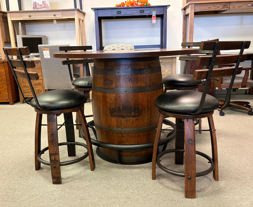 Amish Jack Daniels Whiskey Barrel Pub Table and Chairs Set - In-Stock
Top Thickness:1.5"
Top Shape: Round
Edge Style: Hand worn
- Seats 4-6