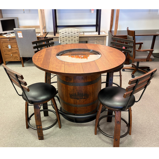 Amish Jack Daniels Whiskey Barrel Pub Table and Chairs Set - In-Stock
Top Thickness:1.5"
Top Shape: Round
Edge Style: Hand worn
- Seats 4-6