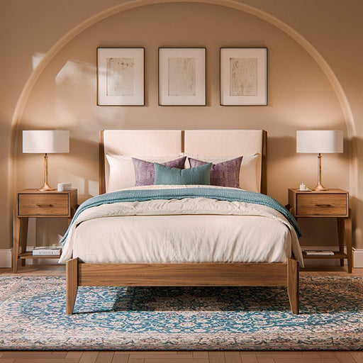 Amish Java Mid-Century Modern 3-Pc. Bedroom Set - 1-Drawer Open Nightstand - Upholstered Headboard Platform Bed - J&M Woodworking - Solid Walnut Bedroom