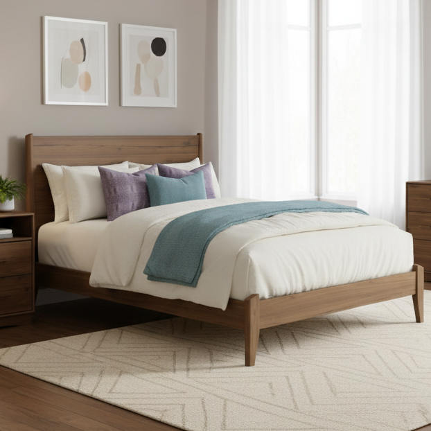 Amish Java Mid-Century Modern Bed - Rustic Walnut Amish Bed - Platform Bed - J&M Woodworking