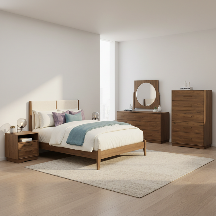 Amish Java Mid-Century Modern Bedroom Set - J&M Woodworking - Mid-Century Amish Bedroom - Room Setting - Upholstered Headboard - Rustic Walnut