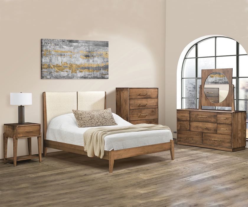 Amish Java Mid-Century Modern Bedroom Set - J&M Woodworking - Mid-Century Amish Bedroom - Room Setting - Upholstered Headboard