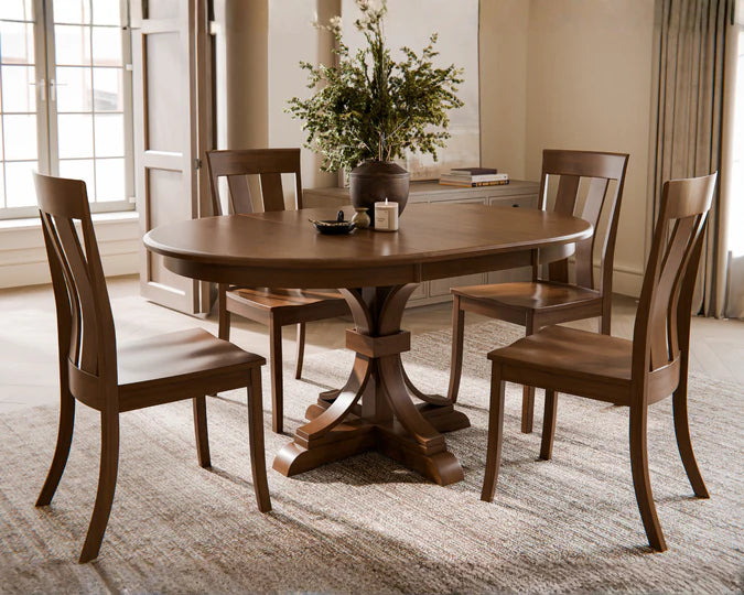 Amish Karston Pedestal Table with Karston Dining Chairs Quick Ship Dining Room Set from Sunrise Furniture Amish Tables