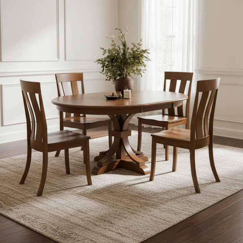 Amish Karston Pedestal Table with Karston Dining Chairs Quick Ship Dining Room Set from Sunrise Furniture Amish Tables