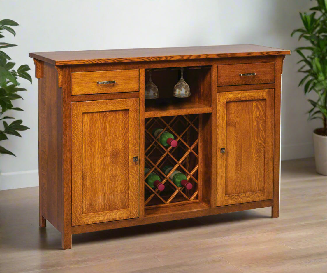 Amish Keiran 2-Door Buffet w/ Wine Rack
Hardware: 910-SBN Knobs/ 910-96 SBN Pulls
2 Adjustable Wood Shelves
Holds 17 Wine Bottles
