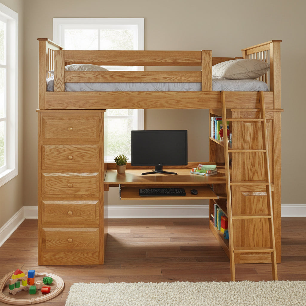 Wooden loft bed with desk and computer on a white background