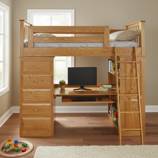 Wooden loft bed with desk and computer on a white background
